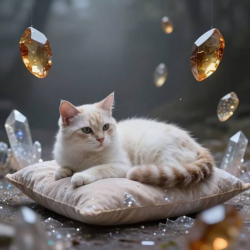 Photograph of a white, fluffy cat with blue eyes lying on a sparkly pillow, surrounded by floating, glowing crystal ornaments.