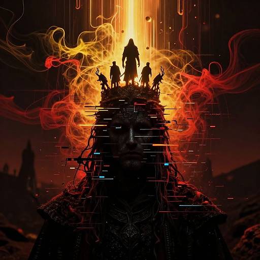 Digital art of silhouetted figures standing atop a fiery, glowing pyramid with vibrant red and orange flames, surrounded by dark, digital glitch effects.