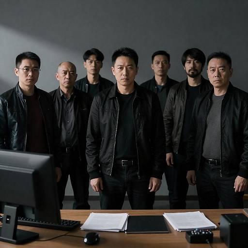 Six Men in Dimly Lit Room