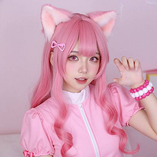 Digital art of an anime-style girl with pink hair, cat ears, pink bow, and pink outfit, making a paw gesture.