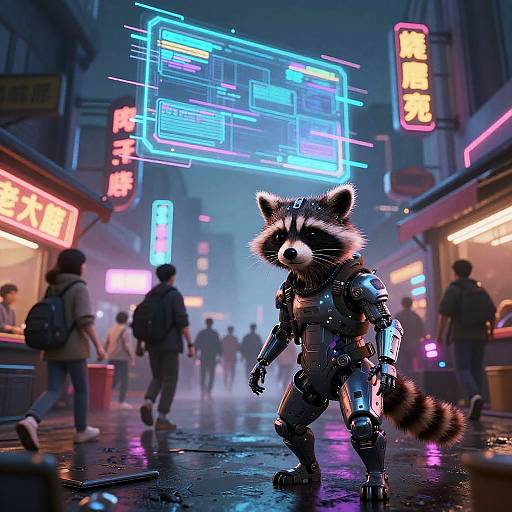 Neon Cyberpunk Market with Cyber Raccoon