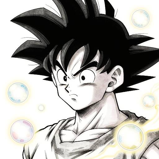 Black-and-white digital drawing of spiky-haired anime character with intense expression, surrounded by glowing orbs, wearing a sleeveless top.