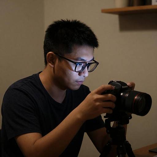 Man Adjusting Camera Monitor in Dim Room