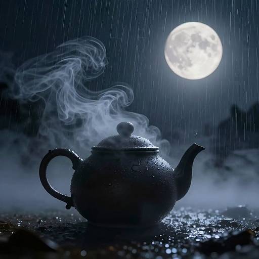 Photograph of a steamy, wet teapot in rain under a bright full moon, with mist swirling and reflecting on a wet surface.