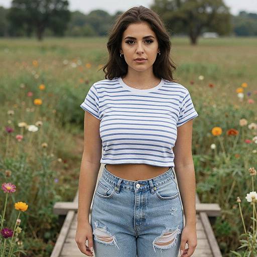Photograph of a young woman with wavy brown hair, wearing a white striped crop top and distressed blue jeans, standing in a colorful meadow with