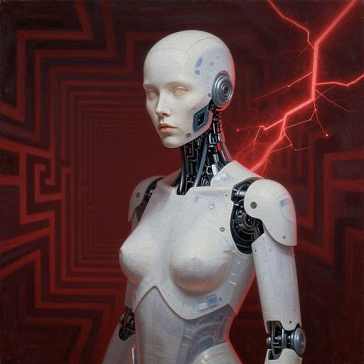 Digital artwork of a white female humanoid robot with metallic joints, exposed wiring, and small breasts, standing against a red maze-patterned background with bright red
