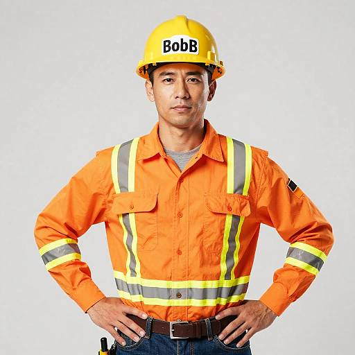 Photograph of a serious-looking male construction worker with medium skin tone, wearing an orange shirt, yellow hard hat with 