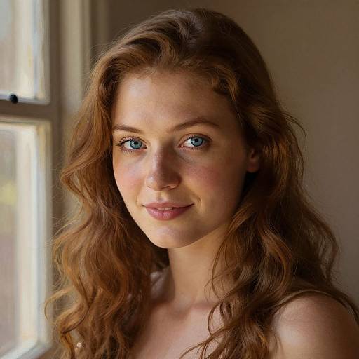 Photograph of a fair-skinned, blue-eyed woman with long, wavy, auburn hair, smiling softly in natural light near a window