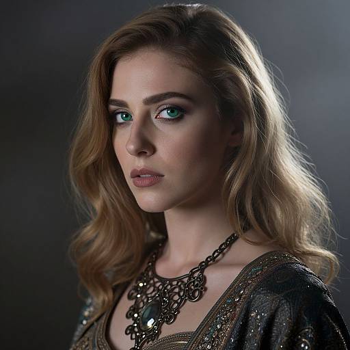 Photograph of a blonde woman with striking blue eyes, wearing a dark, intricately patterned top and a detailed necklace, against a dark, blurred