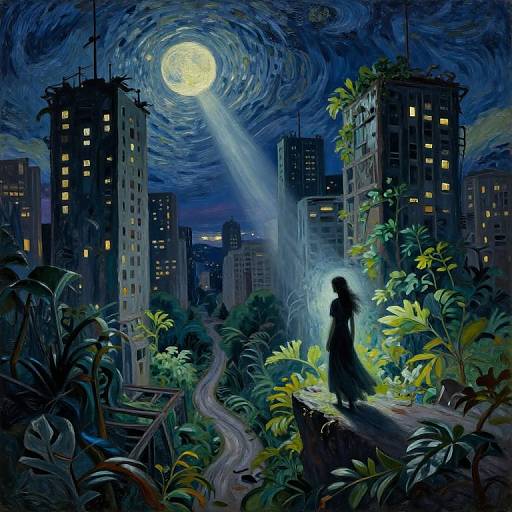 Digital painting of a silhouetted figure in a long coat standing on a winding path in a moonlit, overgrown cityscape with tall buildings