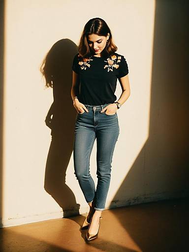Woman in Casual Chic Outfit with Floral Embroidered T-Shirt
