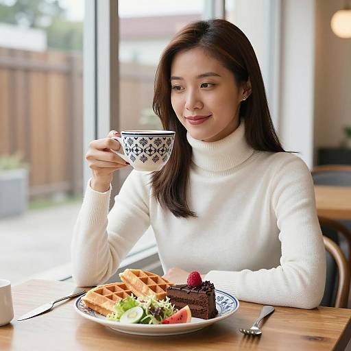 Asian Woman Enjoying Breakfast with Waffles and Coffee