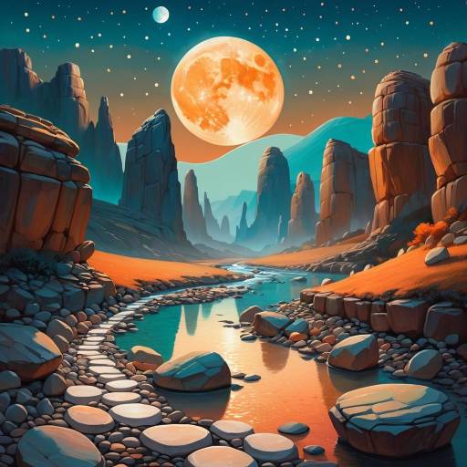 Surreal Rocky Valley with Dual Moons