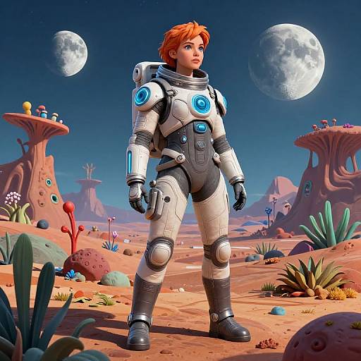 CGI image of a red-haired astronaut in white and blue futuristic armor standing in a colorful, alien desert with two moons and whimsical, biolum
