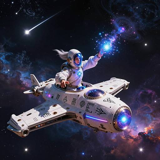 Digital art: Astronaut in white spacesuit with helmet lights, floating in space, controlling glowing blue orb from white, futuristic spacecraft. Cosmic background with