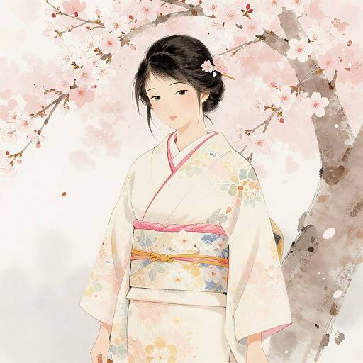 Digital illustration of a serene Japanese woman with black hair in a floral kimono, standing against a cherry blossom tree backdrop.