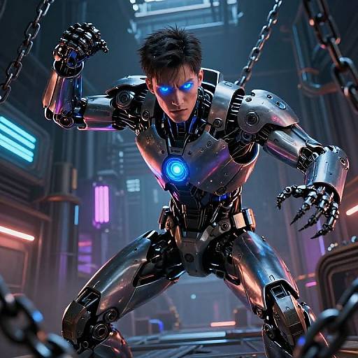 CGI image of a muscular, blue-eyed, black-haired man in a shiny, metallic, robotic suit, crouching in a neon-lit