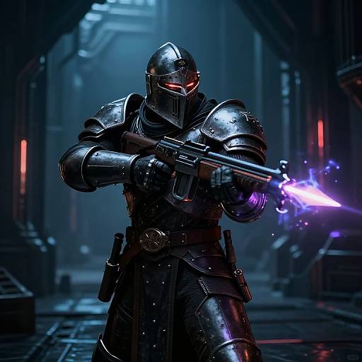 Digital CGI of armored knight in dark, futuristic hallway, glowing red eyes, firing purple energy gun, blue neon lights, sci-fi style.