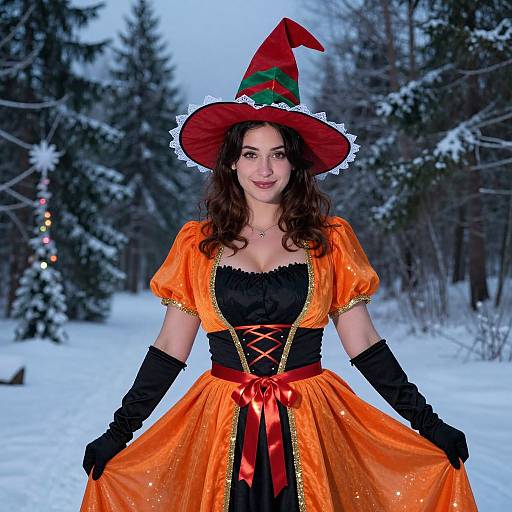 Photograph of a woman in a vibrant orange witch costume with black corset, red ribbon, and red hat, standing in a snowy forest.