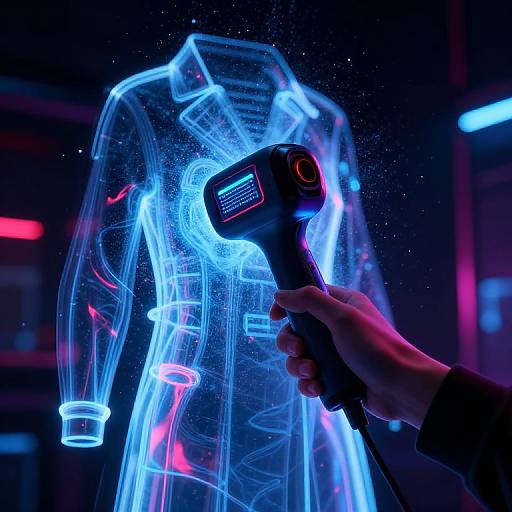 Photograph of a hand holding a neon laser cutter, creating a glowing blue and pink outline of a jacket.