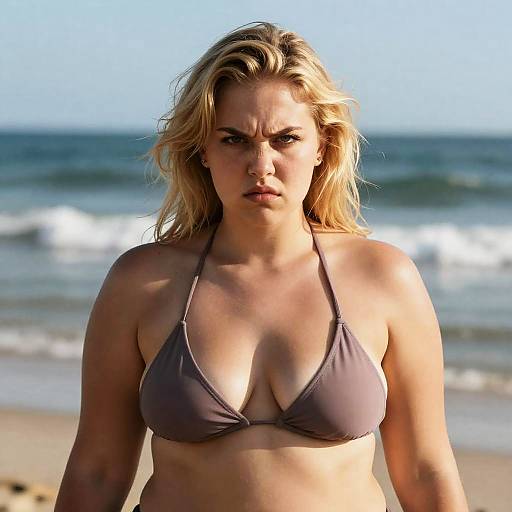 Angry Blonde Woman in Bikini on Beach