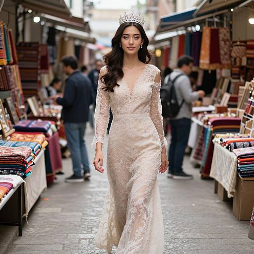Photograph of a beautiful woman with long dark hair in a lace, long-sleeve, V-neck white wedding dress, wearing a tiara,