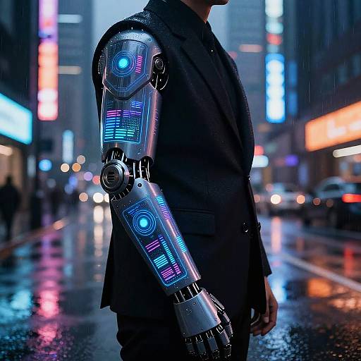 Cyborg man in dark suit stands on rain-soaked city street at night; neon lights reflect on wet pavement, glowing cybernetic arm.