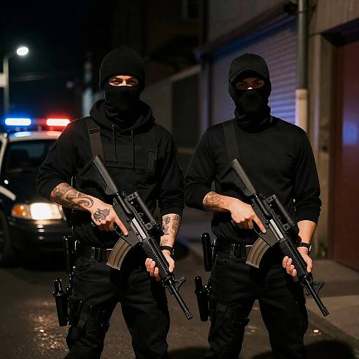 Masked Men with Rifles in Urban Alley at Night