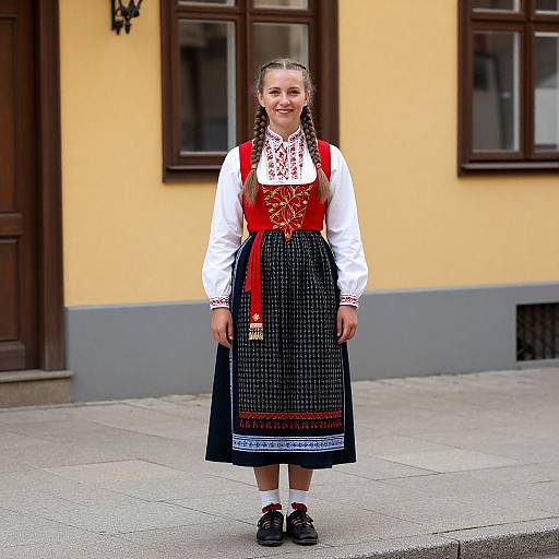 Photograph of a young woman with braided hair, wearing a traditional Eastern European white blouse, red vest, black apron dress, and black shoes