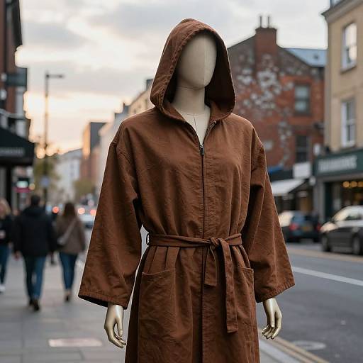 Mannequin in Hooded Robe on City Street