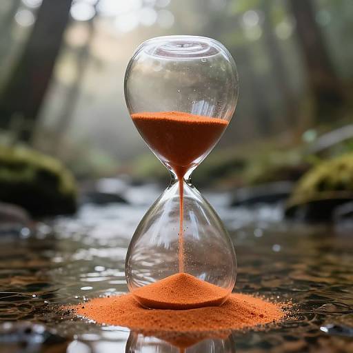 Photograph of an hourglass filled with orange sand, standing on a reflective forest stream, with blurred sunlight and mossy trees in the background.