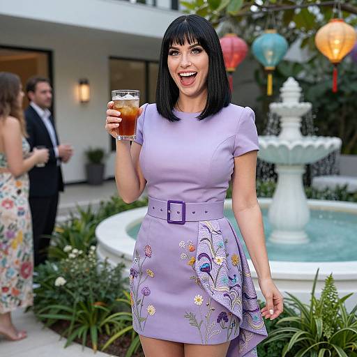 Photograph of a smiling Asian woman with black bob haircut, lavender dress with floral embroidery, holding iced drink, standing by a fountain at an outdoor