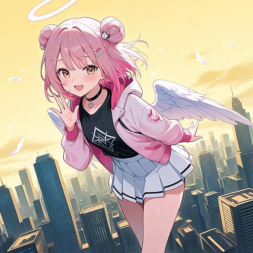 Pink-Haired Angel Girl Over Cityscape