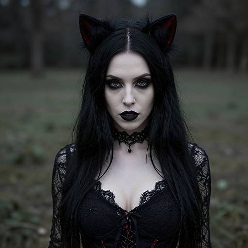Photograph of a pale-skinned woman with long black hair, wearing black cat ears, lace top, choker, and dark lipstick, standing in