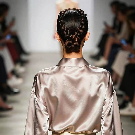 Photograph of a woman with a sleek, braided updo, wearing a shiny silver satin blouse, viewed from behind on a brightly lit runway.