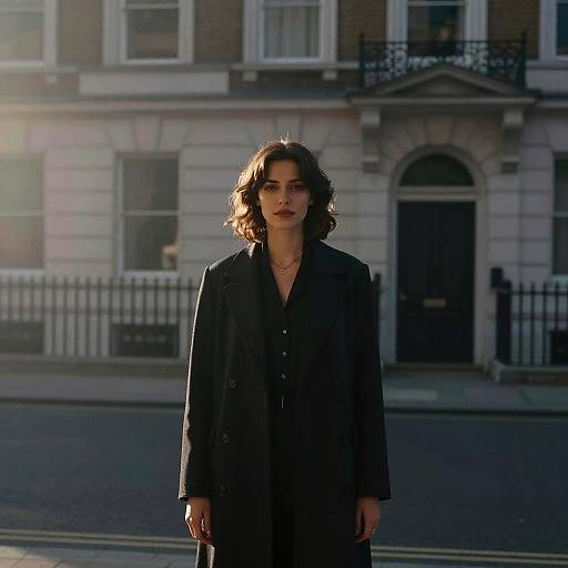 Photograph of a serious woman with curly brown hair, wearing a black coat, standing in front of a Victorian-style building.