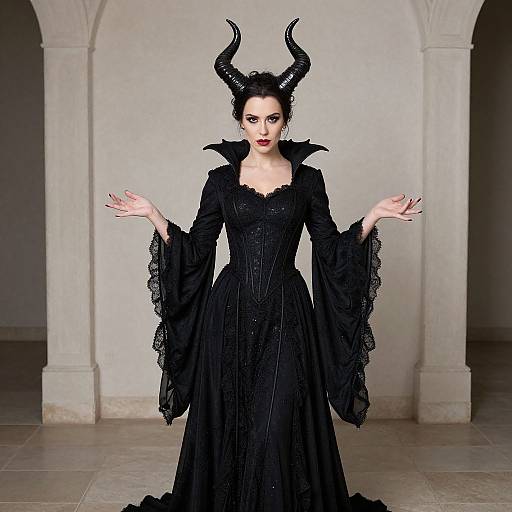 Photograph of a pale woman with black horns, red lips, and dark lace gown, standing in a stone archway, arms outstretched.