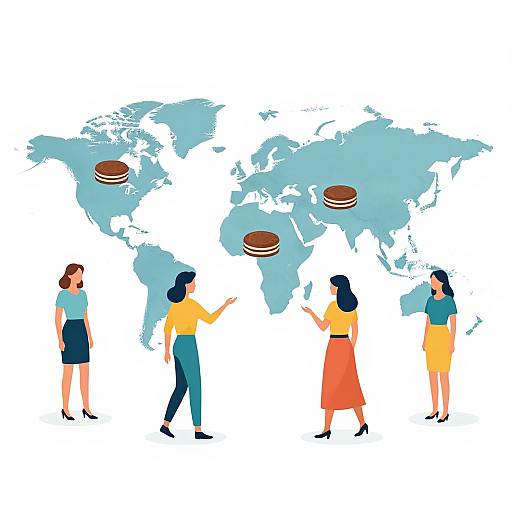 Illustration of five women in business attire, standing in front of a blue world map with brown pie charts, discussing business strategies.