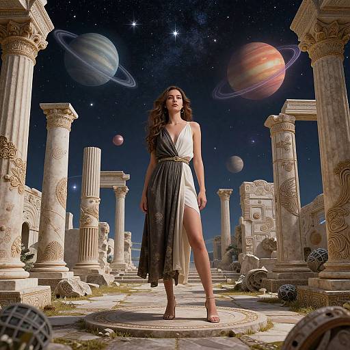 Surreal Woman Among Cosmic Ruins