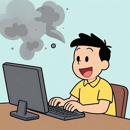 Cartoon Happy Typist with Trash Computer