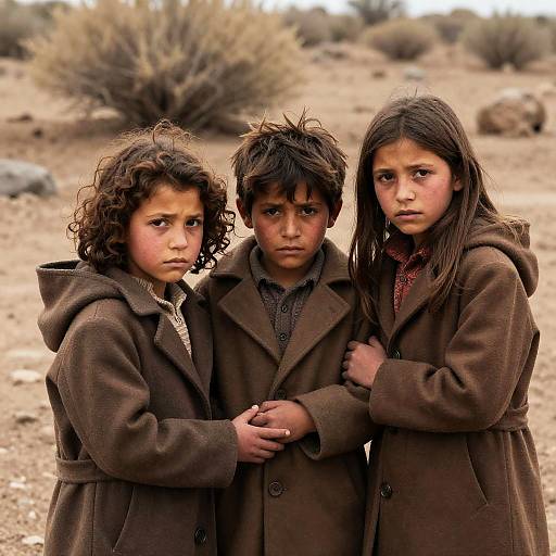 Children in Wool Coats on Rocky Terrain