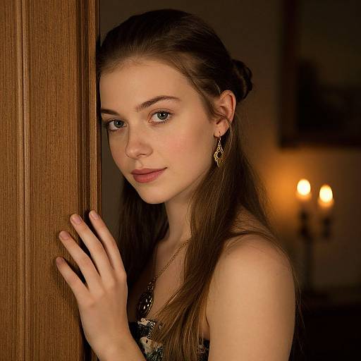 Photograph of a young, fair-skinned woman with long brown hair in a loose updo, wearing a floral dress and gold earrings, peeking