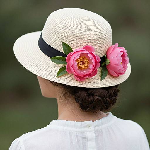 Photograph of a woman from behind, wearing a white straw hat with pink peony flowers and green leaves, and a white blouse. Blurred green