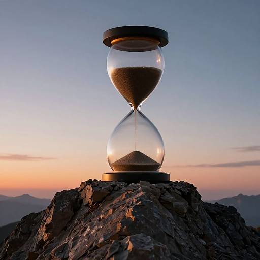 Photograph of an hourglass on a rocky mountain peak at sunset, with a clear blue sky and orange-pink horizon.