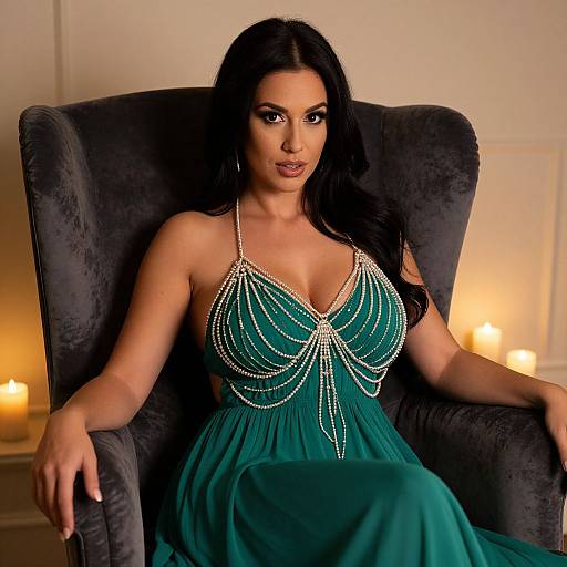 Photograph of a woman with long black hair, wearing a green, beaded evening gown, seated in a dark velvet armchair, surrounded by lit