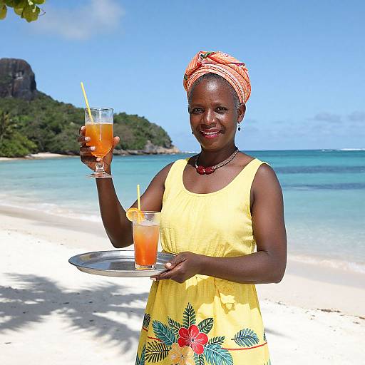 Photograph of a smiling Black woman in a yellow dress with floral embroidery, holding a tray with two orange drinks, on a sunny beach with turquoise water