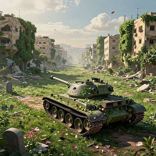 Digital artwork: Abandoned, war-torn urban landscape with a green-camouflaged tank amidst overgrown grass, rubble, and dilapidated
