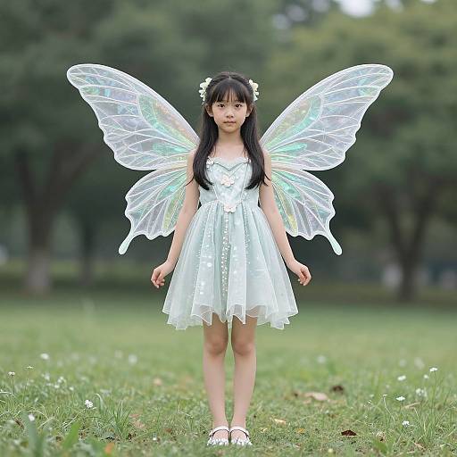 Photograph of an Asian girl with long black hair, wearing a white dress, white flowers in her hair, and translucent butterfly wings, standing in a