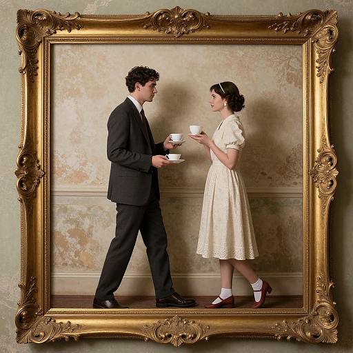 Photograph of a man in a black suit and a woman in a white dress, holding teacups, standing in an ornate gold-framed