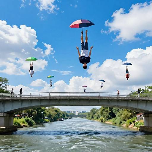 Photograph: Man in white shirt and black shorts, upside-down in mid-air, holding red umbrella, above river bridge with colorful umbrellas floating,
